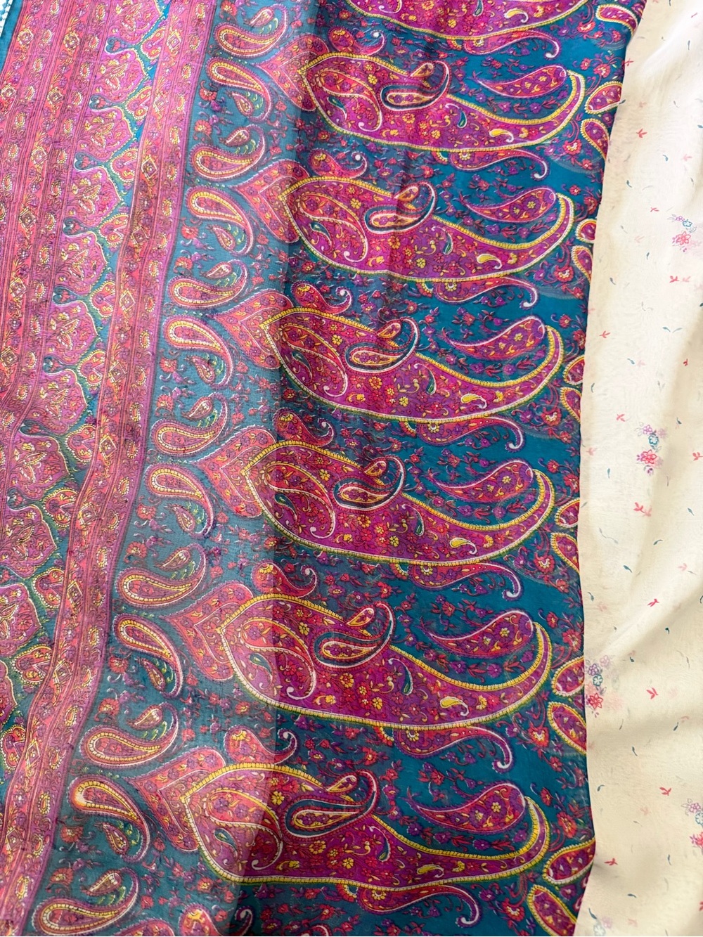 Paisley Printed Women’s Saree in Teal and Magenta